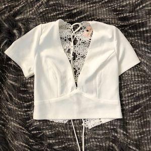 Tiger mist white crochet lace-up crop top